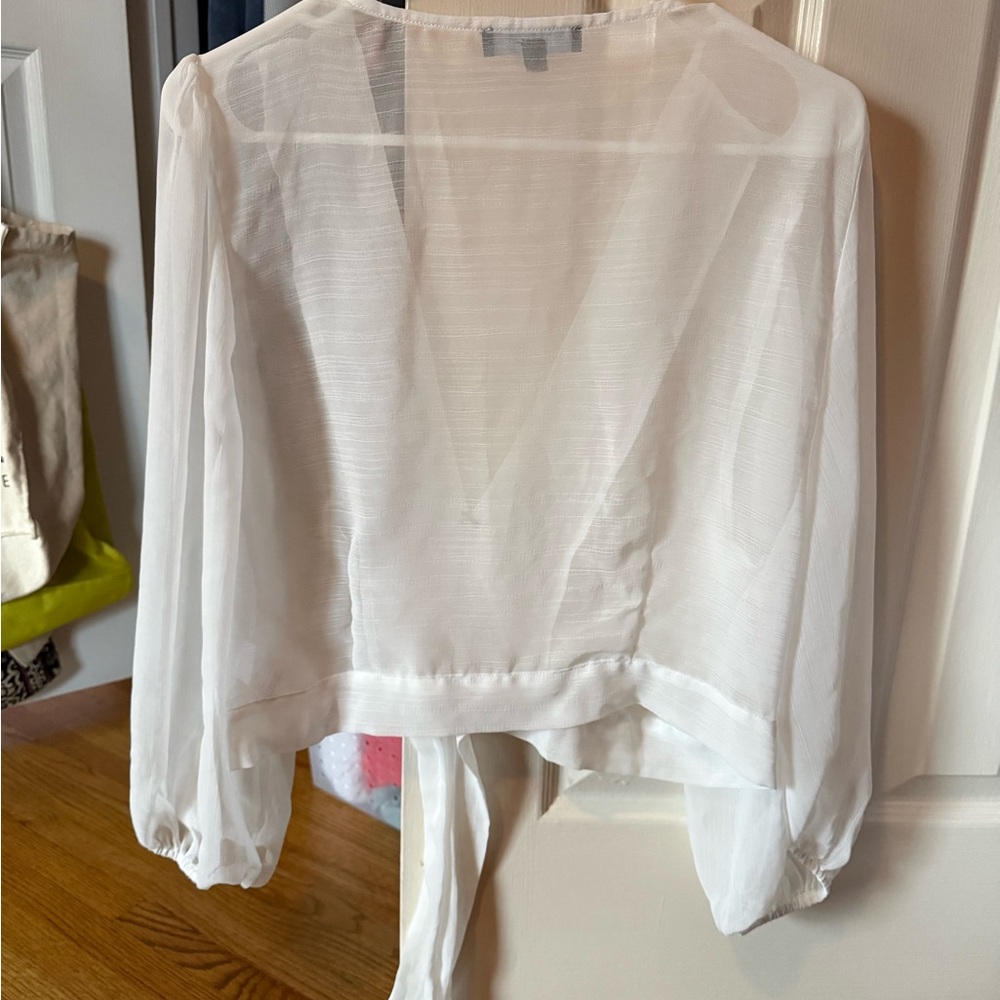 Lulu's White Sheer V-Neck Tie-Front Blouse with Billowy Sleeves - Picture 2 of 2